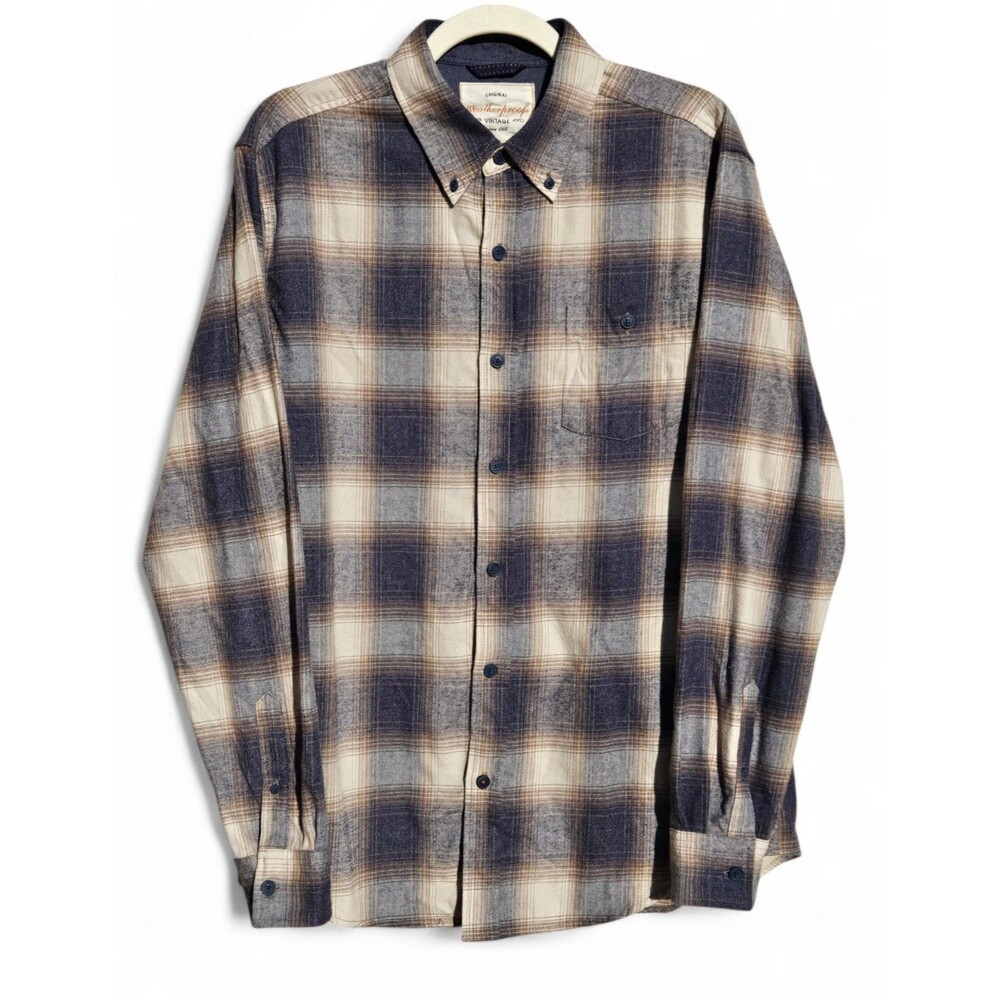 Weatherproof Vintage Flannel Shirt Men's Size Large Plaid Button Down Brown Blue